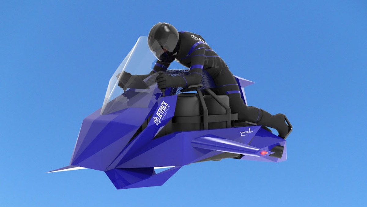 An illustration og a helmeted person riding a blue flying motorcycle that looks like a Jet Ski