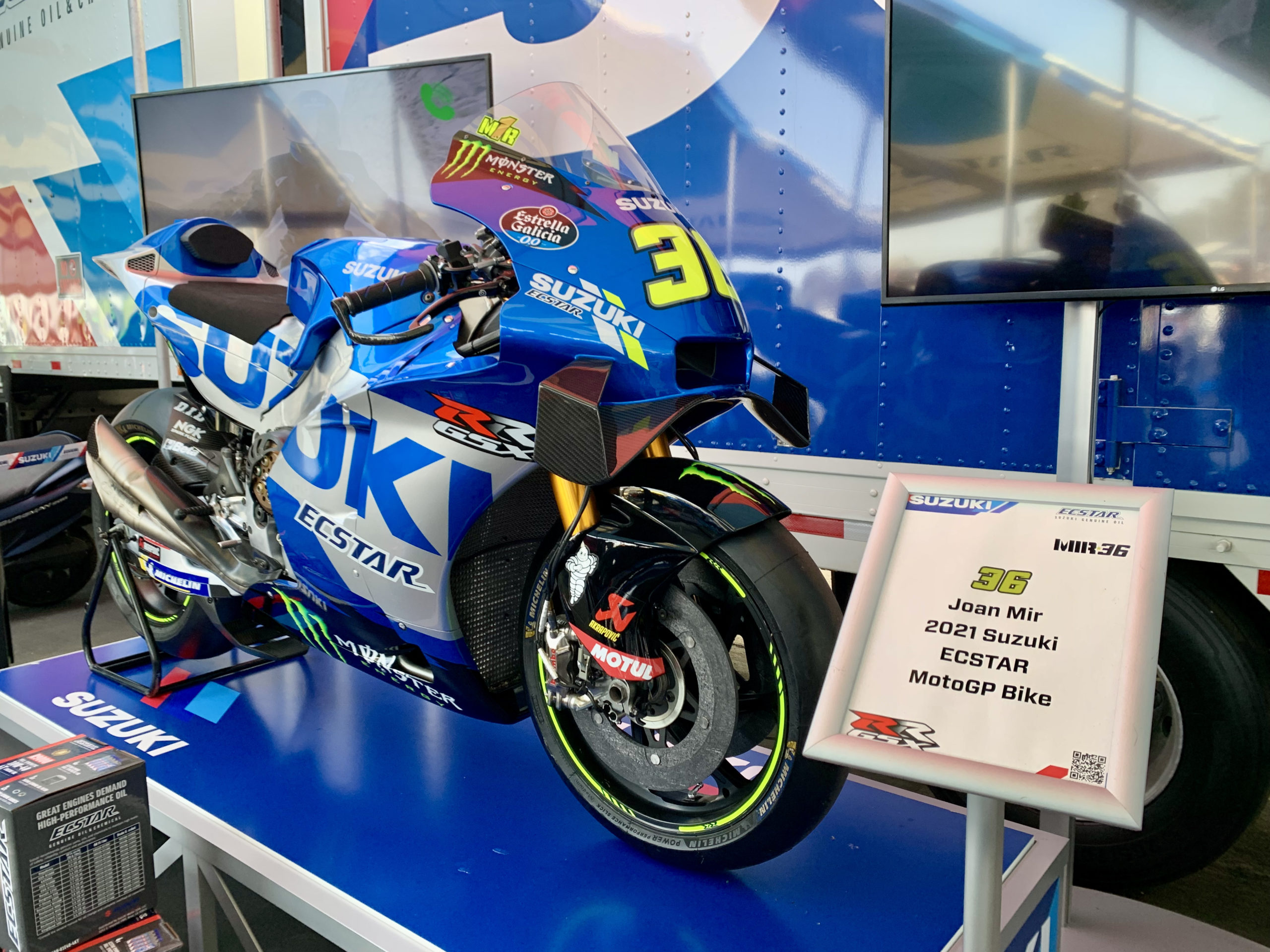 Joan Mir MotoGP Suzuki on display at IMS Outdoors 2021
