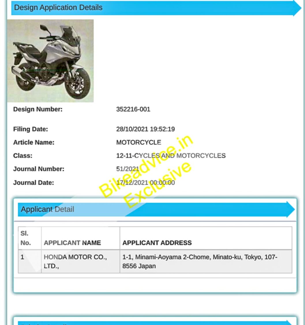 Honda NT1100 Patent Filed in India